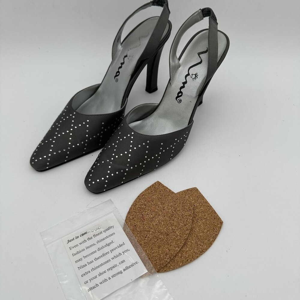 Nina Womens Size 8 Gray Satin Slingback Heels With Rhinestone Embellishments